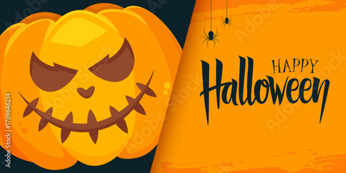 Happy Halloween festive banner with hand lettering greetings and scary pumpkin. Vector illustration.