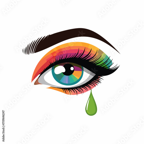 Artistic illustration of a human eye featuring a rainbow-colored iris, vivid makeup
