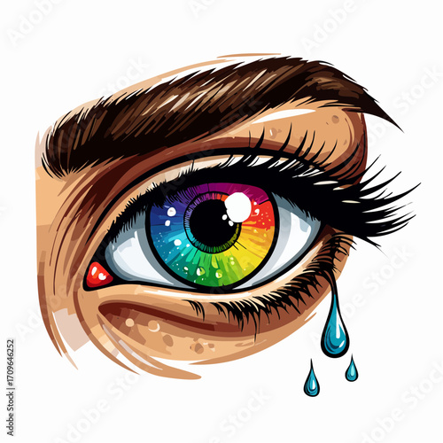 Artistic illustration of a human eye featuring a rainbow-colored iris, vivid makeup