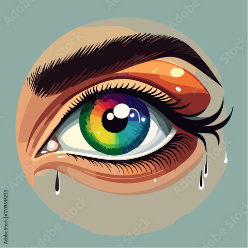 Artistic illustration of a human eye featuring a rainbow-colored iris, vivid makeup