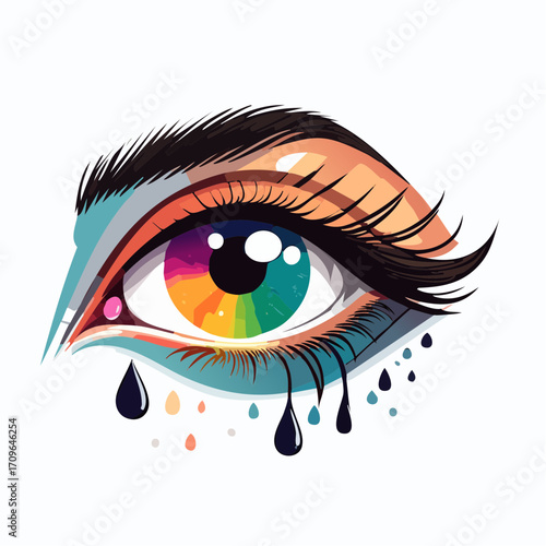 Artistic illustration of a human eye featuring a rainbow-colored iris, vivid makeup