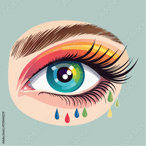 Artistic illustration of a human eye featuring a rainbow-colored iris, vivid makeup