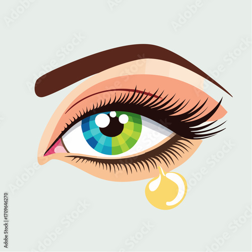 Artistic illustration of a human eye featuring a rainbow-colored iris, vivid makeup