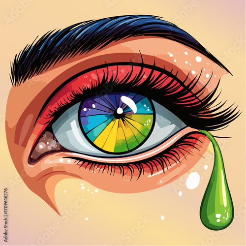 Artistic illustration of a human eye featuring a rainbow-colored iris, vivid makeup
