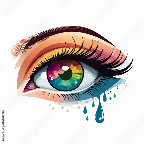 Artistic illustration of a human eye featuring a rainbow-colored iris, vivid makeup