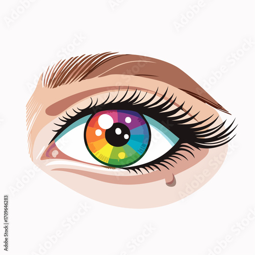 Artistic illustration of a human eye featuring a rainbow-colored iris, vivid makeup