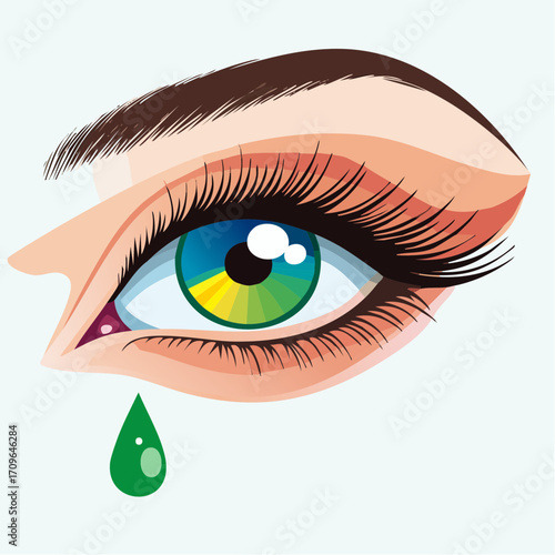 Artistic illustration of a human eye featuring a rainbow-colored iris, vivid makeup