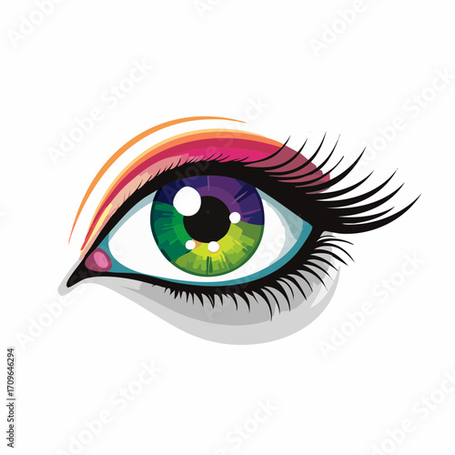 Artistic illustration of a human eye featuring a rainbow-colored iris, vivid makeup