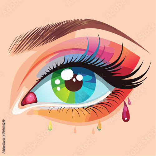 Artistic illustration of a human eye featuring a rainbow-colored iris, vivid makeup