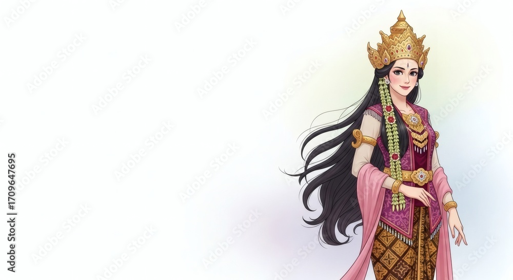 Fototapeta premium Illustration of a woman in traditional attire with a golden crown and pink shawl.
