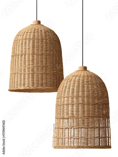 Two intricately woven rattan pendant lights hanging against a neutral backdrop, showcasing their natural texture and design, ideal for enhancing home decor aesthetics