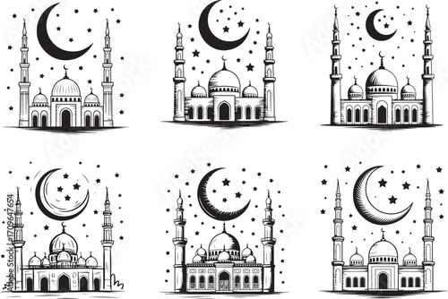 Black  Islamic Vector Set with Mosque,and Minaret  Black Vector Illustration 