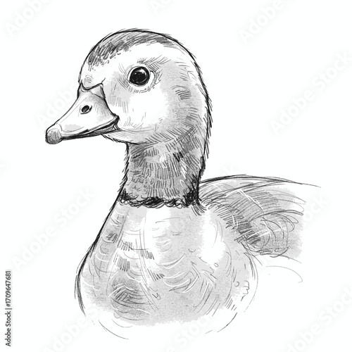 African Pygmy Goose - Nettapus auritus . Hand-Drawn Sketch of a Duck's Head and Upper Body, Detailed Bird Illustration in Black and White
