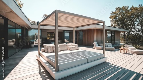 General People & Lifestyle Modern outdoor patio with shaded seating area and lounge furniture