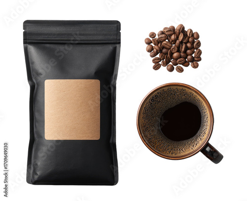 Black coffee bag, beans, and cup (1)