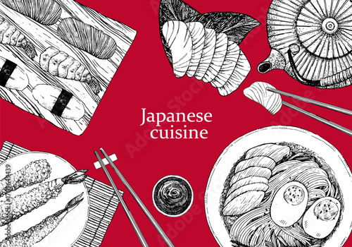 Japanese Restaurant Menu. Hand-drawn illustration of dishes and products. Ink. Vector	