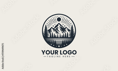 Powerful black and white vector logo of majestic mountains and pine trees, a stunning design for outdoor adventure brands