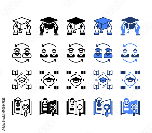 Graduation, Research, Faculty, Thesis, multiple style icon set.