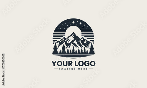 Powerful black and white vector logo of majestic mountains and pine trees, a stunning design for outdoor adventure brands