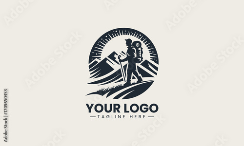 Dynamic black and white vector logo of a hiker with a backpack in front of mountains, a superb design for outdoor enthusiasts