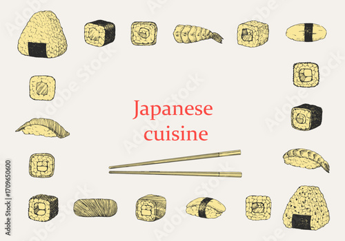 Japanese Restaurant Menu. Hand-drawn illustration of dishes and products. Ink. Vector	