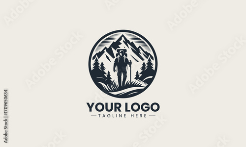 Dynamic black and white vector logo of a hiker with a backpack in front of mountains, a superb design for outdoor enthusiasts