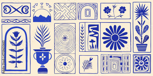 Collection of abstract blue line art illustrations featuring botanical elements and geometric patterns on a cream background