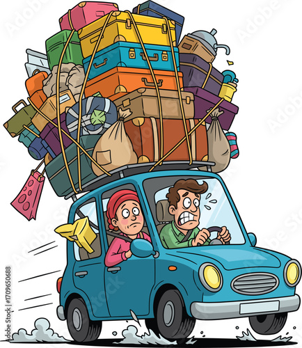 Couple overloaded with luggage driving a car on vacation