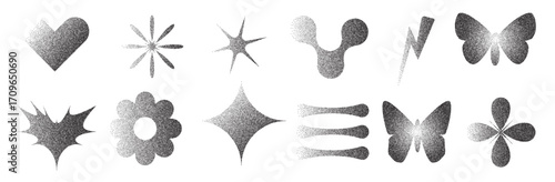 Geometric figures with grain noise gradient texture. Y2k retro stippling forms set. Butterfly, heart and lightning, flower icons on white background. Vector gritty monochrome gradation illustration.