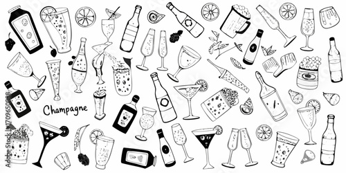 Hand drawn black and white illustration of various champagne bottles and glasses with bubbles and garnishes