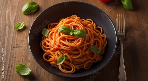 Deliciously Appetising Plate of Spaghetti with Tomato Sauce and Basil.