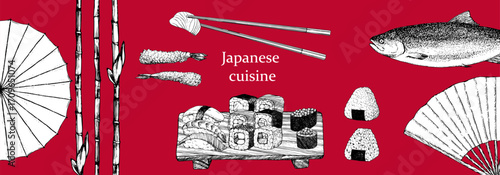 Japanese Restaurant Menu. Hand-drawn illustration of dishes and products. Ink. Vector	