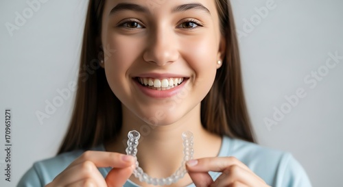 Smiling Woman Holding Clear Aligners.