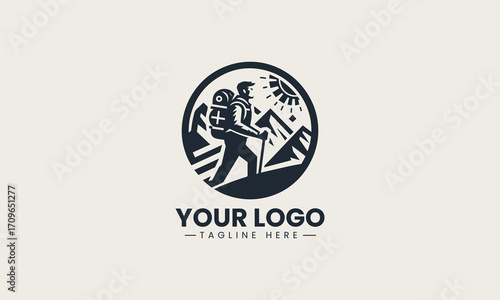 Dynamic black and white vector logo of a hiker with a backpack in front of mountains, a superb design for outdoor enthusiasts
