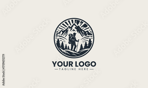 Dynamic black and white vector logo of a hiker with a backpack in front of mountains, a superb design for outdoor enthusiasts