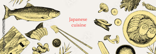Japanese Restaurant Menu. Hand-drawn illustration of dishes and products. Ink. Vector	