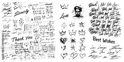 Collection of hand drawn black ink scribbles text hearts stars crowns and portraits on white background