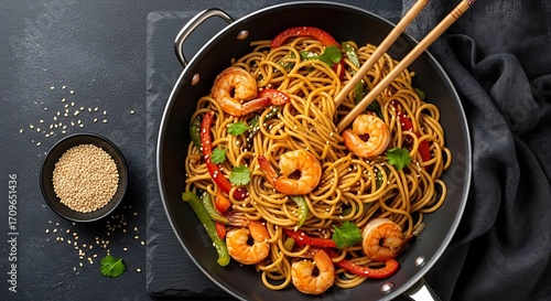 Delicious Shrimp Noodles in Wok.