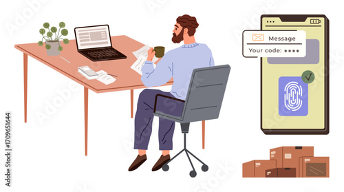 Man sitting at desk with laptop, coffee, and letters mobile phone displaying authentication code stacked parcels in background. Ideal for security, delivery, remote work, technology, e-commerce