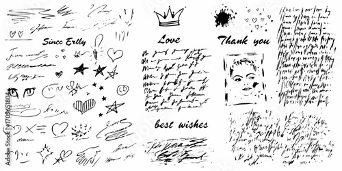 Collection of hand drawn black ink scribbles and sketches including hearts stars eyes and text on white background