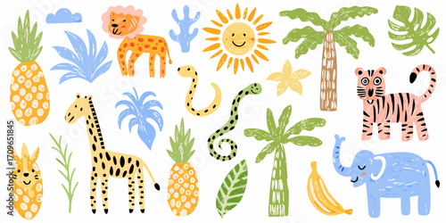 Cute cartoon jungle animals and tropical plants with a playful hand drawn style