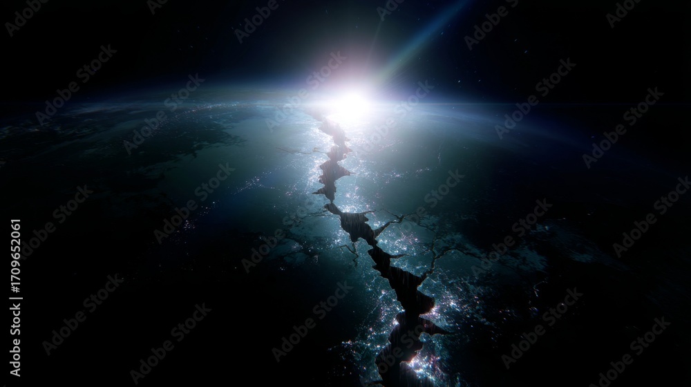 Obraz premium Majestic view of Earth from space. This image captures the beauty and mystery of our planet. The light shining creates a mesmerizing effect. Ideal for science and technology themes. AI