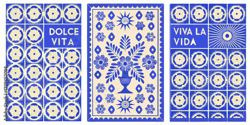 Vibrant blue and cream triptych featuring floral motifs and inspirational italian and spanish phrases