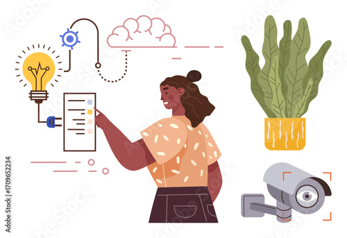 Woman using touchscreen for digital tasks, surrounded by a lightbulb, plant, gear, cloud, and surveillance camera. Ideal for innovation, tech, creativity security eco-living design