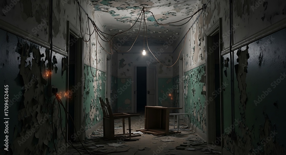 Obraz premium Abandoned Hospital Corridor at Night.