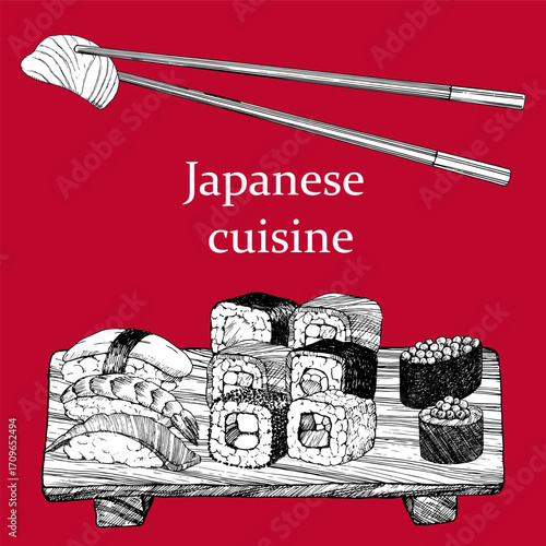 Japanese Restaurant Menu. Hand-drawn illustration of dishes and products. Ink. Vector	