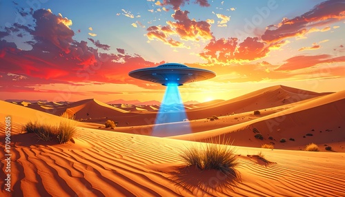 Retro UFO Above Golden Desert at Twilight