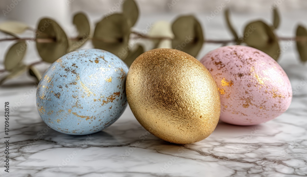 Obraz premium Three painted Easter eggs on marble