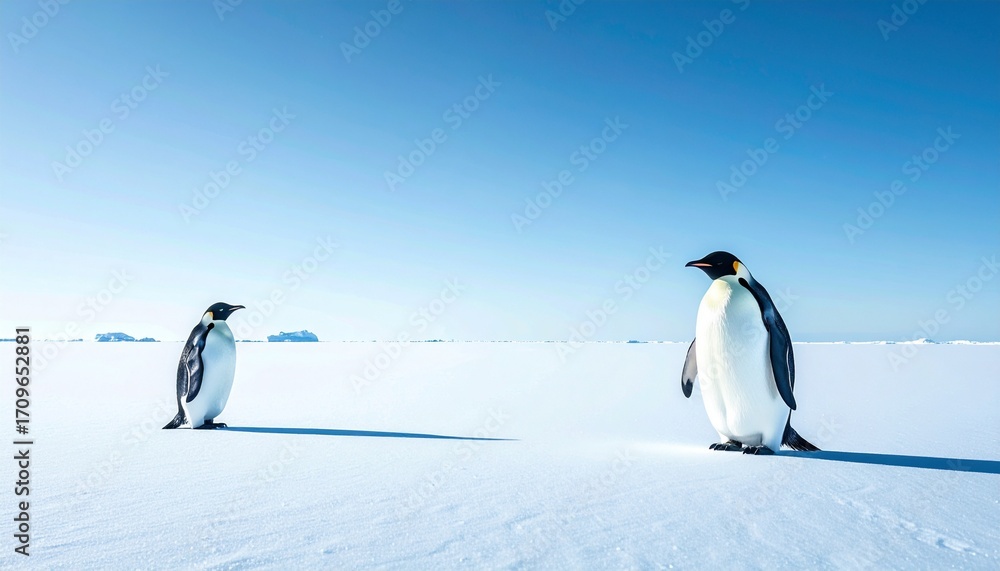 Obraz premium Penguins in natural Antarctic habitat with snow, ice and ocean background