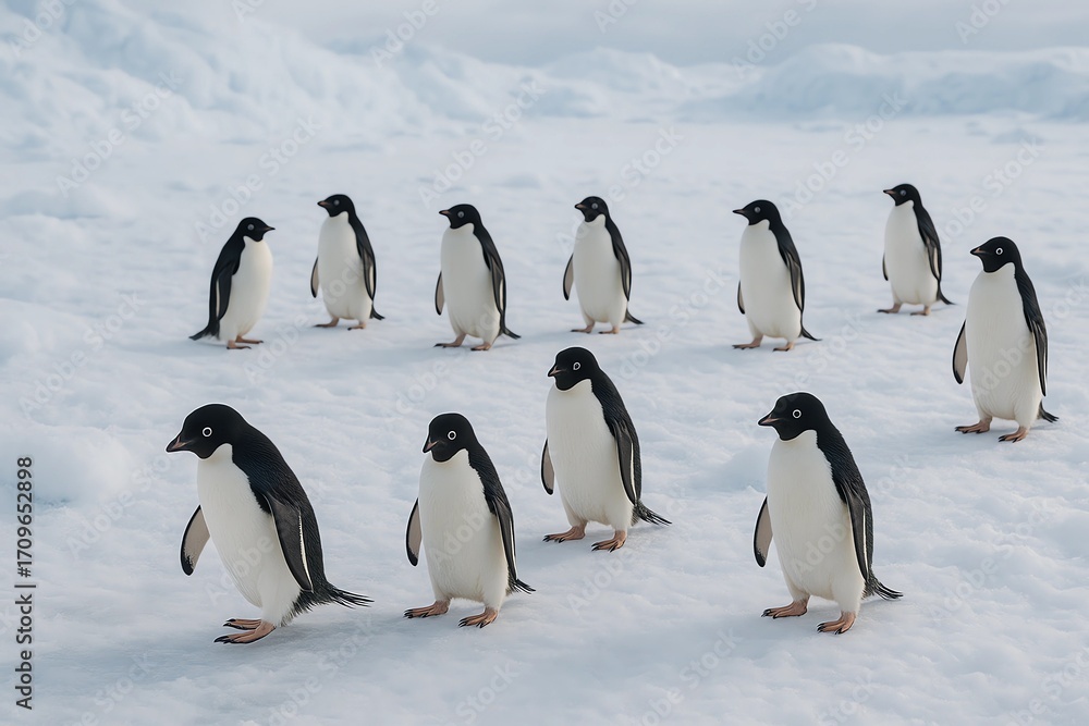 Obraz premium Penguins in natural Antarctic habitat with snow, ice and ocean background